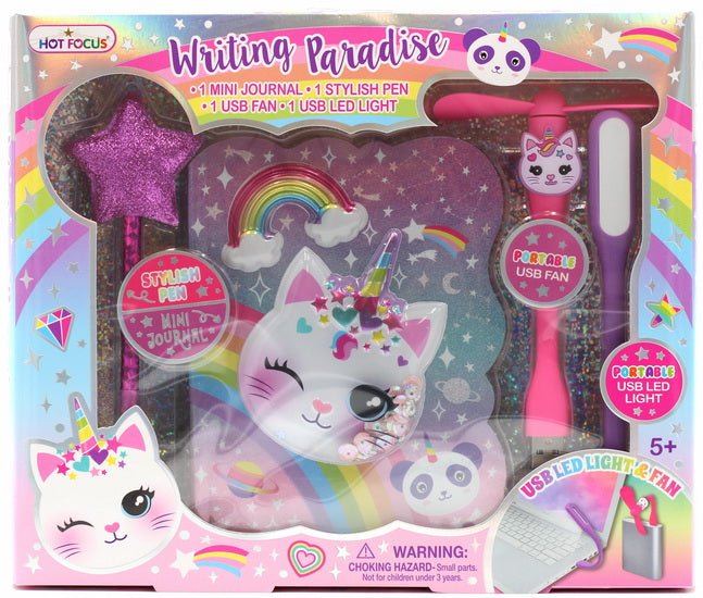 Ens. Mini journal, stylo, lampe DEL et ventilateur USB Chat licorne
