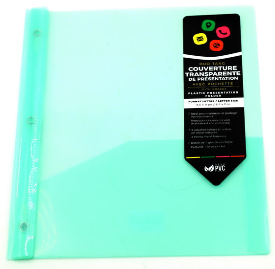 Duo-tang translucide turquoise avec pochette