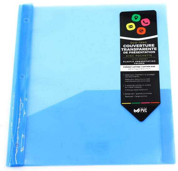Duo-tang translucide bleu avec pochette