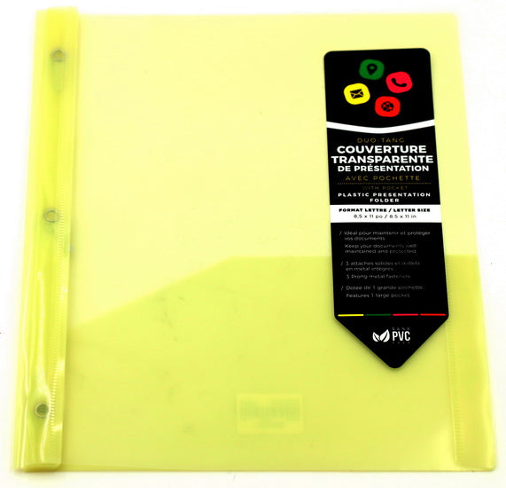 Duo-tang translucide jaune avec pochette