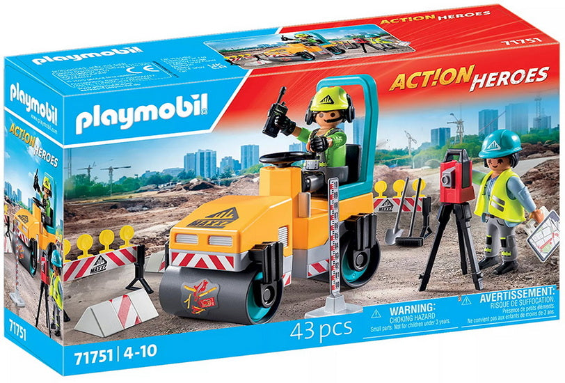 Ouvriers avec rouleau compresseur et signalisation