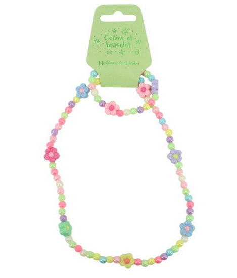 Ens. Collier et bracelet fleurs multicolores