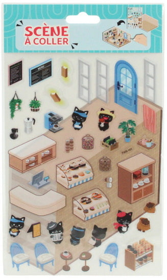 Autocollants scène miniature chats café