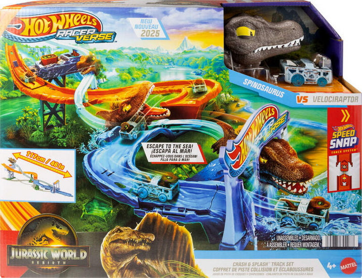 Hot Wheels Circuit Crash & Splash et voiture miniature dinosaure moulée sous pression