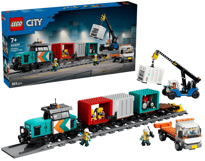 Le train de marchandises du port avec grue et camion